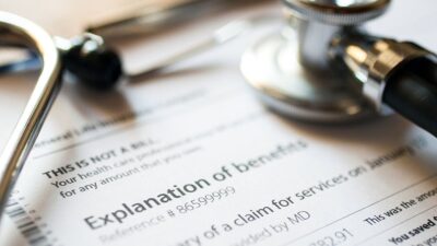 Stethoscope laying on top of document that reads "Explanation of benefits"