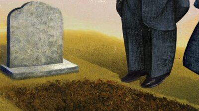 Illustration of two people standing at a grave