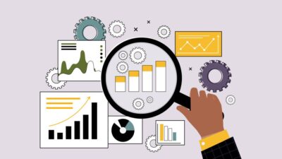 Illustration of hand holding magnifying glass, looking at various charts graphs and data