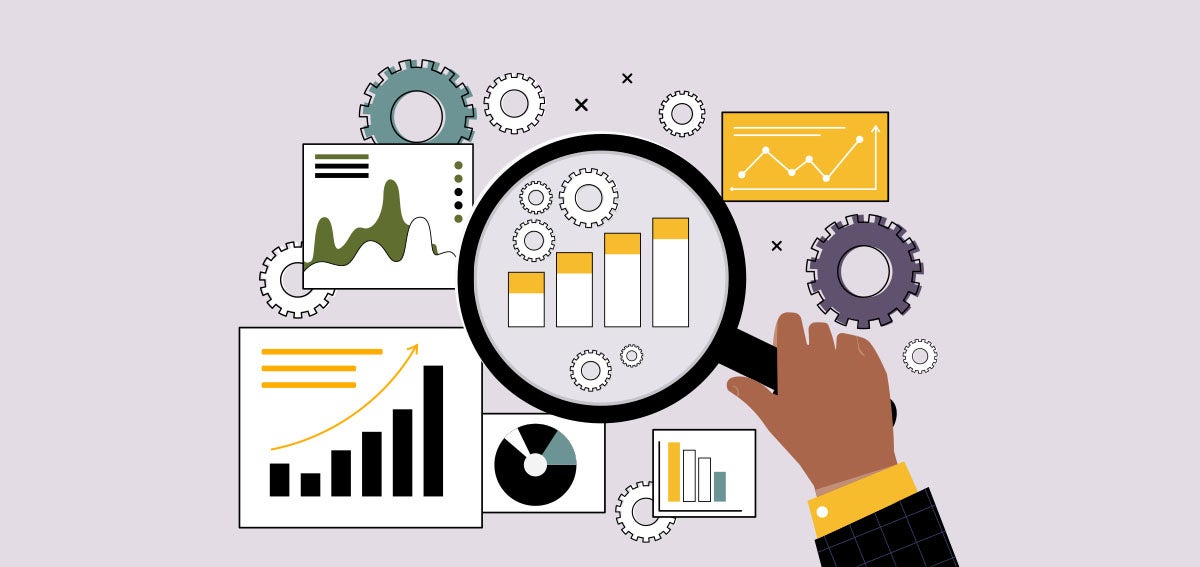 Illustration of hand holding magnifying glass, looking at various charts graphs and data