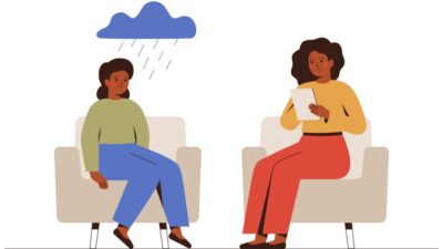 Illustration of counselor and patient talking about depression.