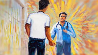 Illustration of man leaving prison being greeted by a person who will help facilitate his medical needs.