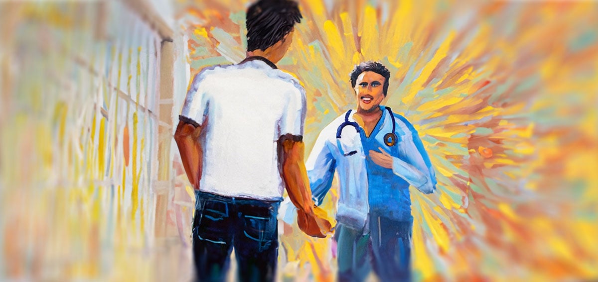 Illustration of man leaving prison being greeted by a person who will help facilitate his medical needs.