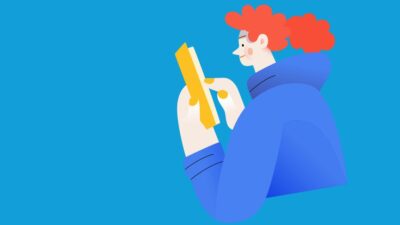 Illustration of a woman with red hair reading a paper.