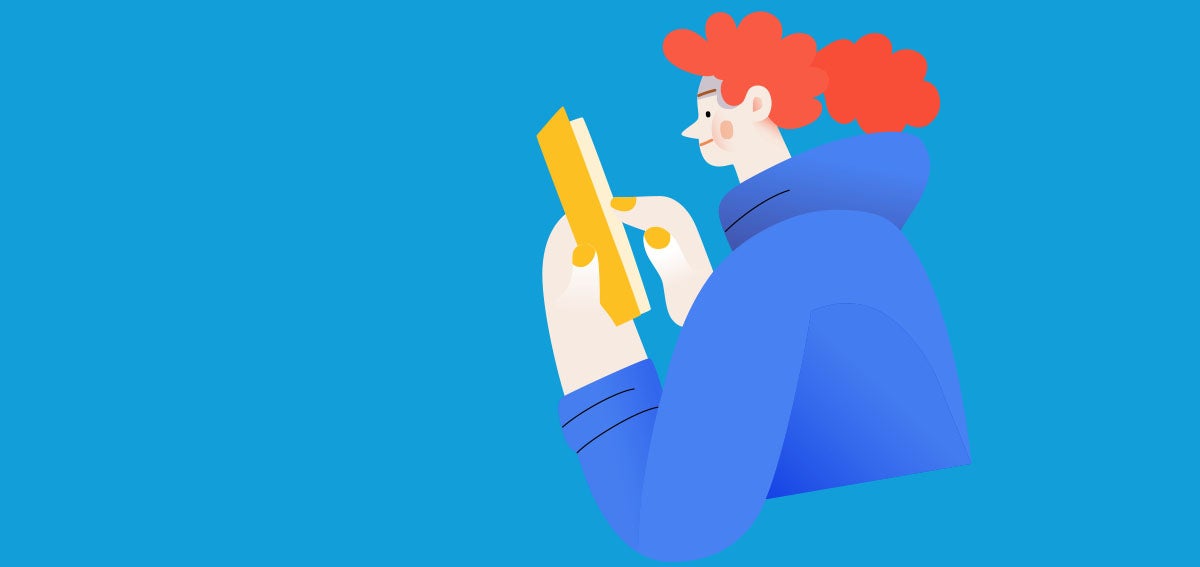 Illustration of a woman with red hair reading a paper.