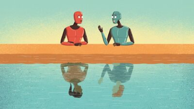 Illustration of two androids talking, their reflection looks like two people talking.