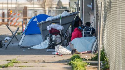 Tent encampment on a street in Fresno