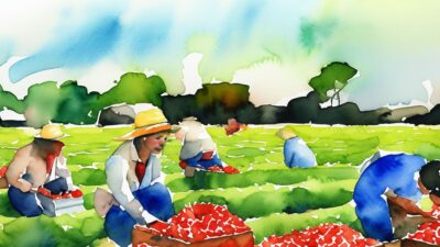 Watercolor illustration of farmworkers harvesting strawberries in a field.