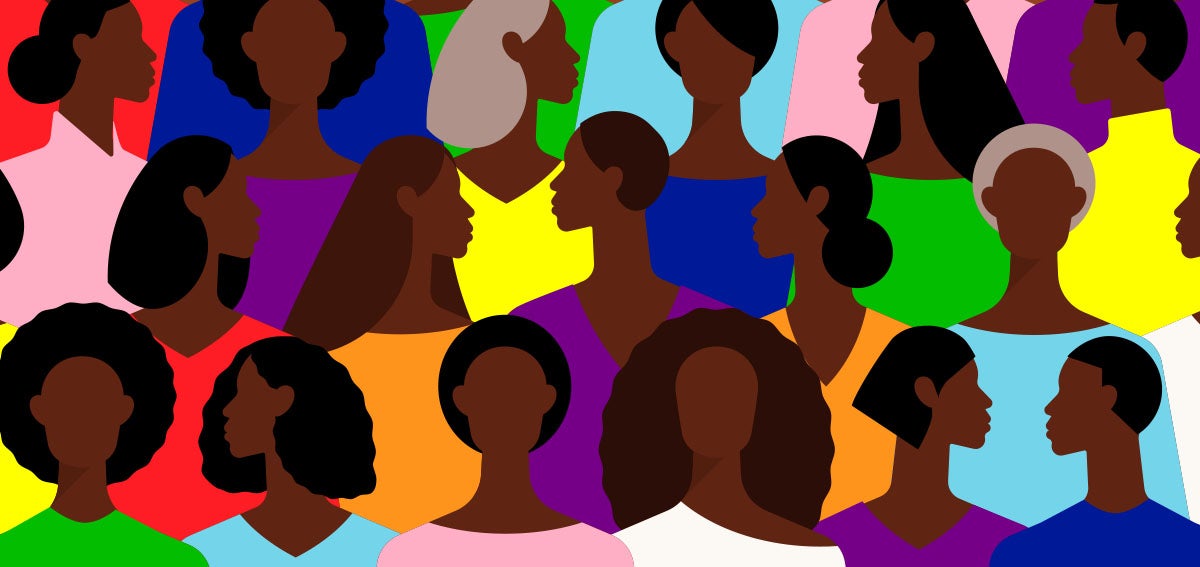 Mosaic illustration of Black people wearing the colors of the LGBTQ+ Flag.