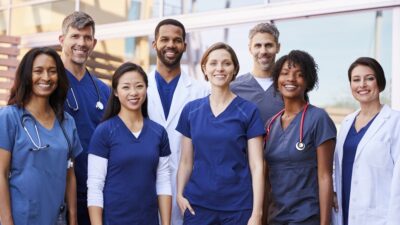 Stock photo of a group of health care clinicians.