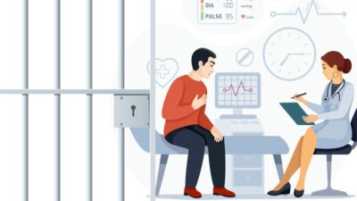 Illustration of doctor talking with patient who has just left prison.