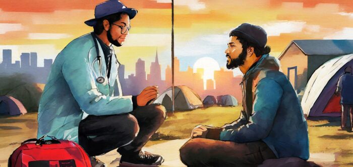 Street medicine practitioner visits with a client who is experiencing homelessness. Illustration created with Adobe Firefly