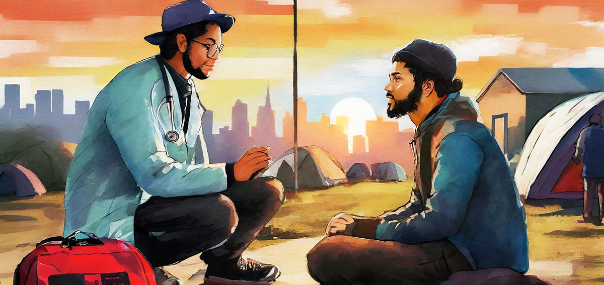 Street medicine practitioner visits with a client who is experiencing homelessness. Illustration created with Adobe Firefly