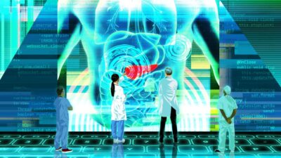 Illustration of medical practitioners using artificial intelligence to evaluate a patient.