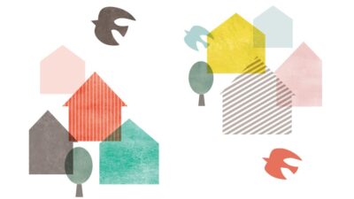 Abstract illustration of birds flying over homes and trees