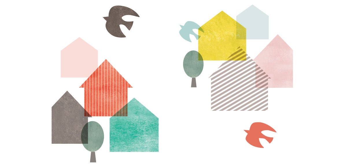 Abstract illustration of birds flying over homes and trees