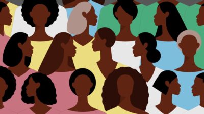 Illustration of Black Californians wearing the colors of the Disability Pride Flag