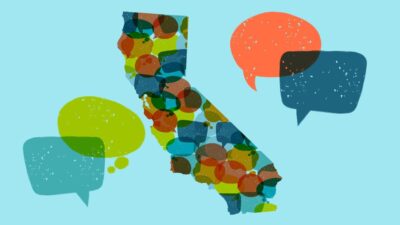 Illustration of the State of California with speech bubbles