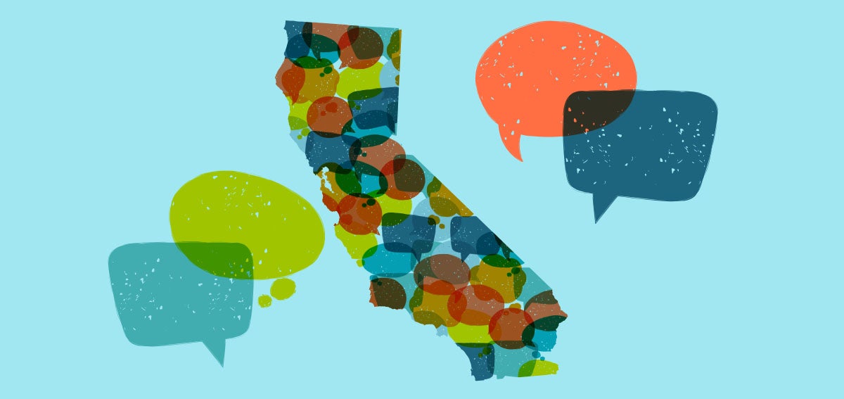 Illustration of the State of California with speech bubbles