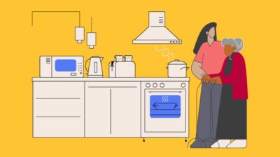 Illustration of home health aide helping elderly woman in her kitchen.