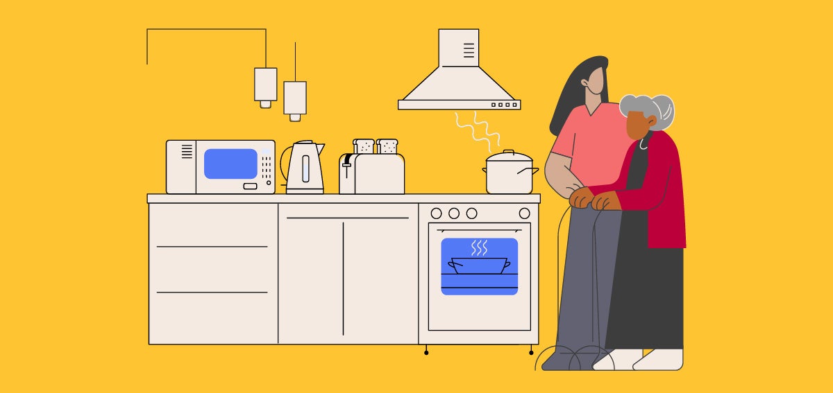 Illustration of home health aide helping elderly woman in her kitchen.