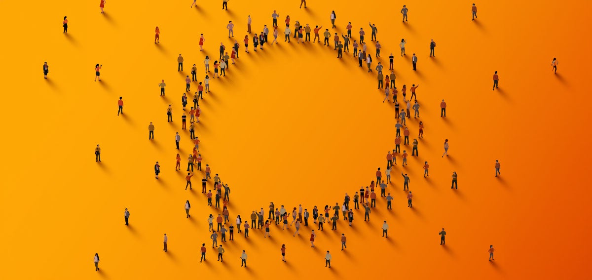 Illustration symbolizes CHCF health policy survey with a large group of people standing in the shape of a speech bubble.