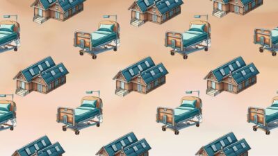 Illustratation of supportive housing facility and hospital beds.