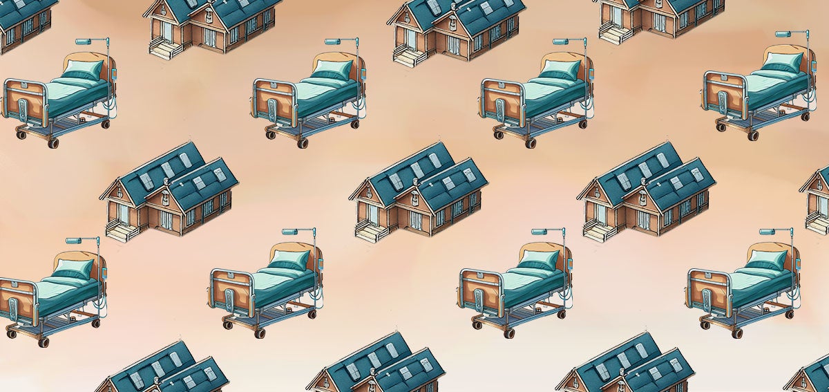Illustratation of supportive housing facility and hospital beds.