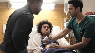 THE RESIDENT: L-R: Guest star Kamal Bolden, guest star Vinessa Antoine and Manish Dayal in the "Black Cloud" episode of THE RESIDENT airing Monday, April 15 (8:00-9:00 PM ET/PT) on FOX. (Photo by FOX Image Collection via Getty Images)