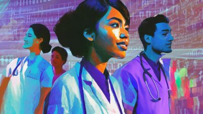 Illustration of group of health care professionals look into the future of health care with AI