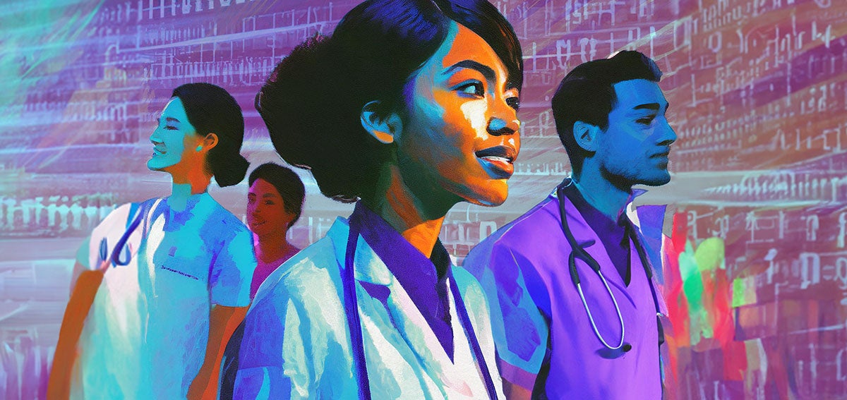 Illustration of group of health care professionals look into the future of health care with AI
