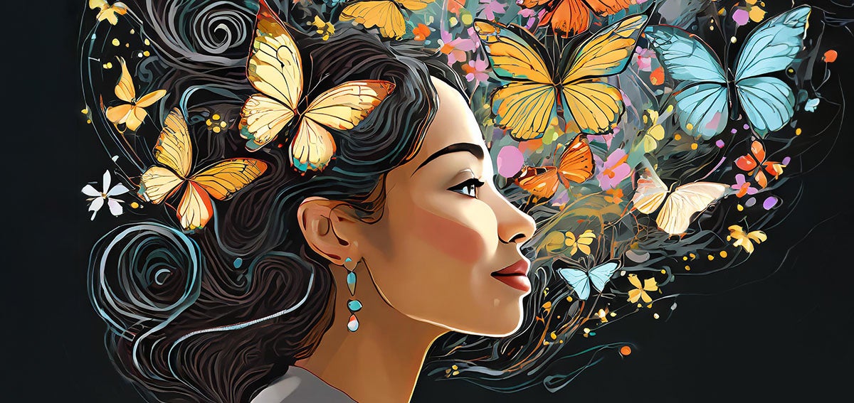 Illustration of a woman with a cloud of butterfies around her head representing metamorphosis or transformation