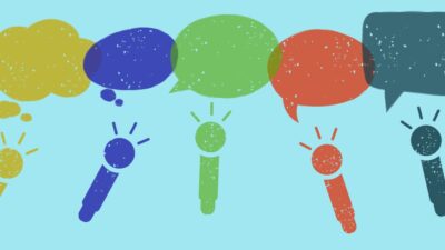 Illustration of speech bubbles and microphones