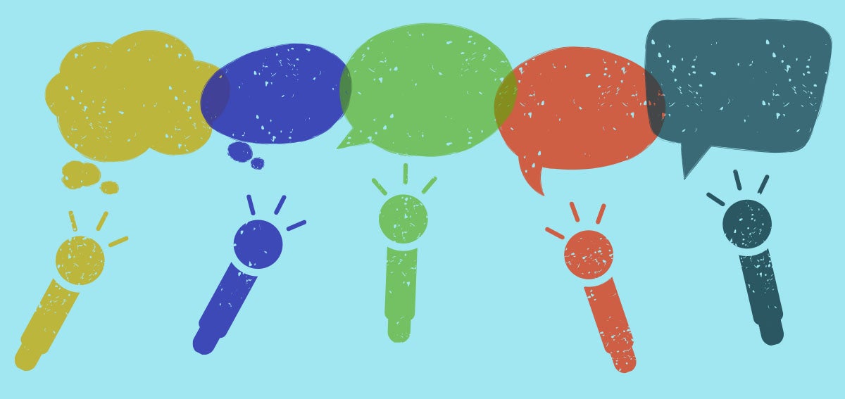 Illustration of speech bubbles and microphones