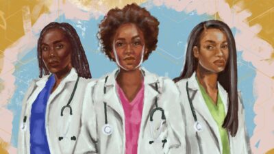 Illustration of three Black women doctors against a vibrant blue and yellow background