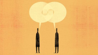 Illustration of two people talking in speech bubbles that are linked together.