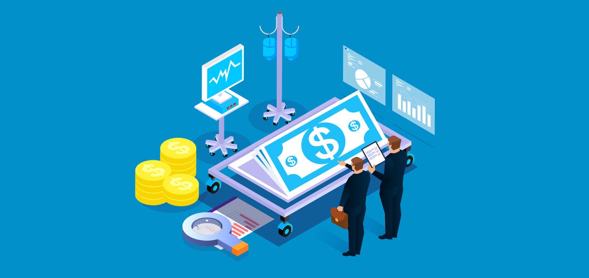 Illustration of private equity investors evaluating a hospital for profitability.