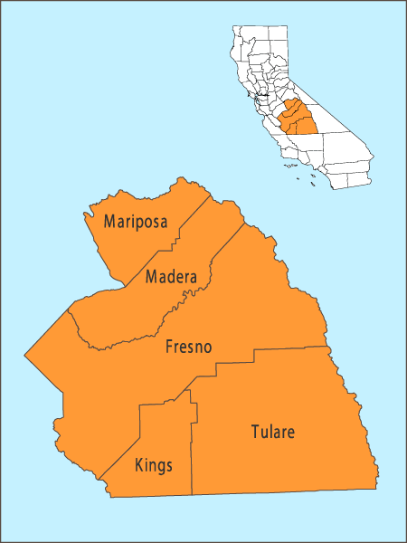 Map of California central valley counties: Mariposa, Madera, Fresno, Kings, and Tulare.