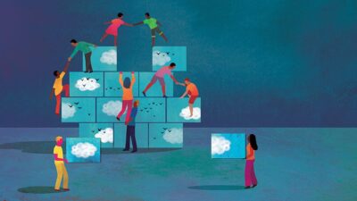 brightly colored illustration of a group of people building a mural of clouds and birds, using large blocks.