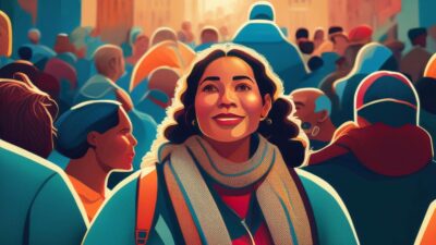 Illustration of a woman in a crowd with a joyful expression on her face