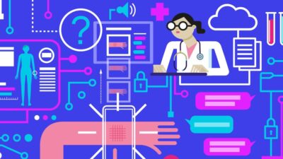 Illustration of doctor using AI to assist in their work.