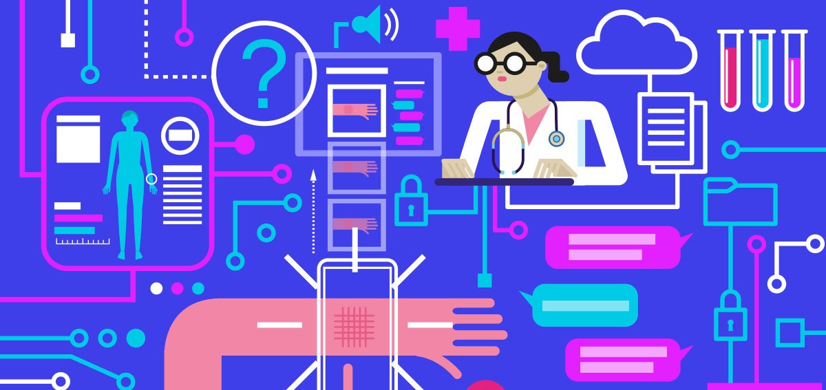Illustration of doctor using AI to assist in their work.