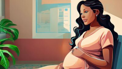 Illustration of pregnant person waiting in medical office
