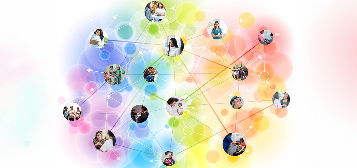 Illustration of a network of Community Health Workers, Doulas and Patients.