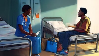 Illustration of nurse talking to patient in recuperative care setting