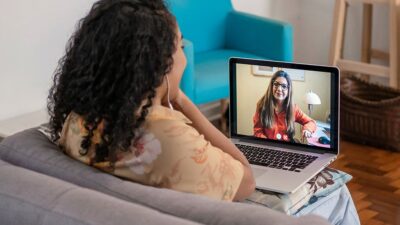 Patient speaking to counselor online.
