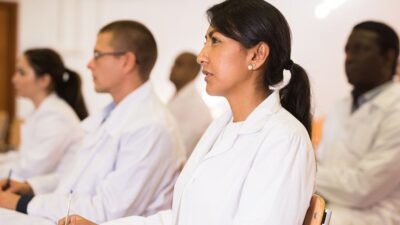 Resident doctors attend weekly lecture.