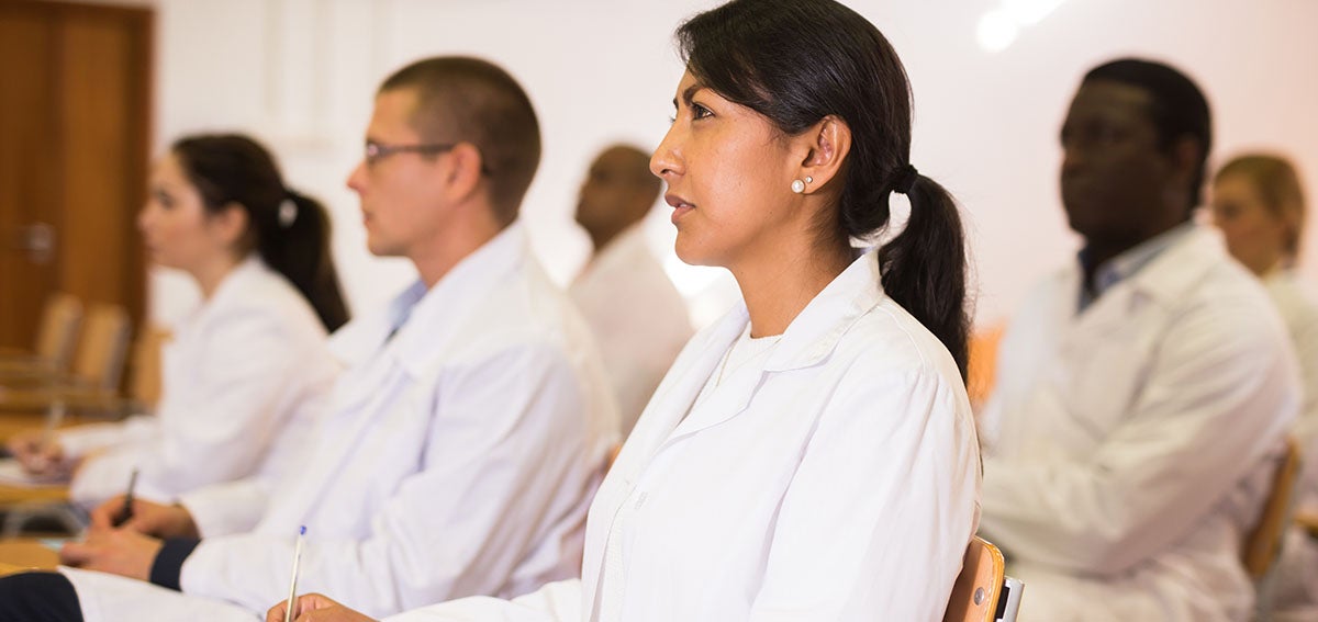 Resident doctors attend weekly lecture.