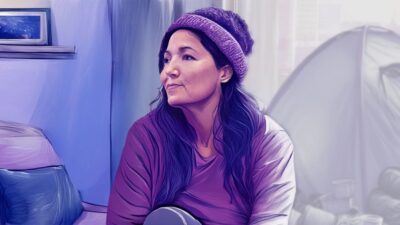 Illustration of woman in her new home reflecting on her past experience of homelessness.