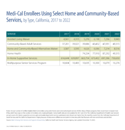 Medi-Cal Enrollees Using Select Home and Community-Based Services, by Type, California, 2017 to 2022